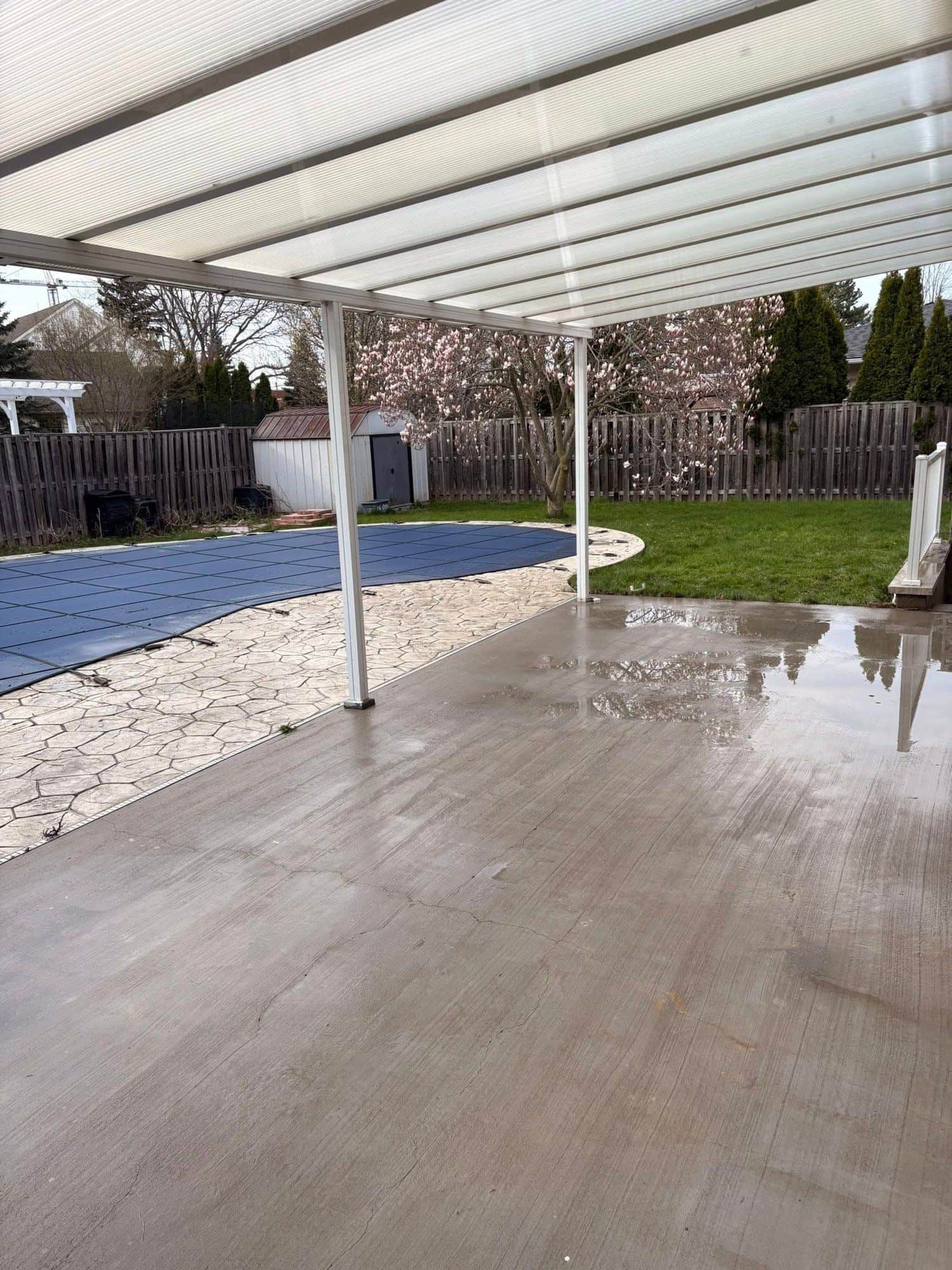Covered patio overlooking a backyard pool